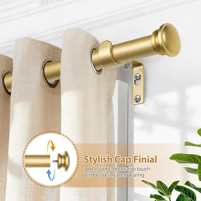 TONIAL Curtain Rod 32 to 86 Inch, Telescoping Splicing 3/4 Drapery Rods for Windows Decorative Single Rod with Small Cap End, Antique Gold