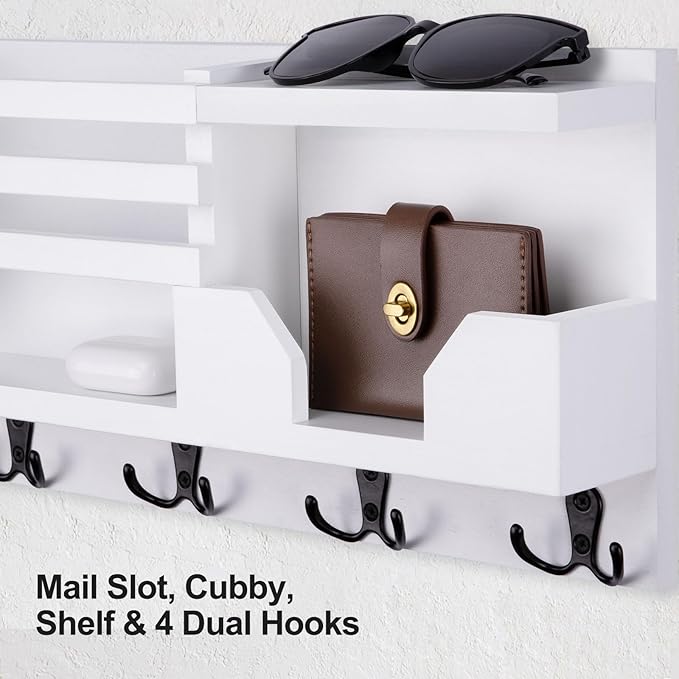 Mail and Key Holder for Wall – Decorative 15.9” x 8.7” x 3.2” Entryway Organizer with Shelf – Paulownia Wood with 4 Dual Hooks Includes Mounting Hardware and Installation Guide
