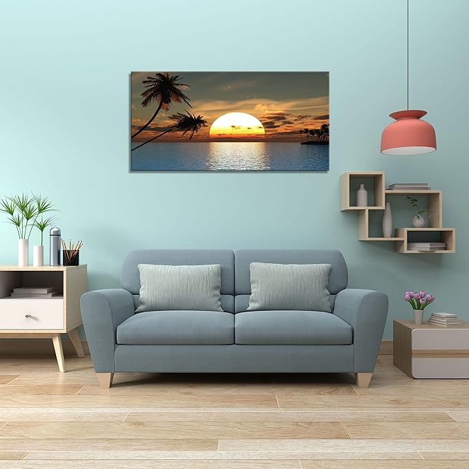DZL Art S75675 Sunset Coconut Palm Trees Canvas Wall Art Palm Trees on the small island Tropical Scenery Nature Canvas prints Pictures for Living Room Home Office Wall Decor Artwork