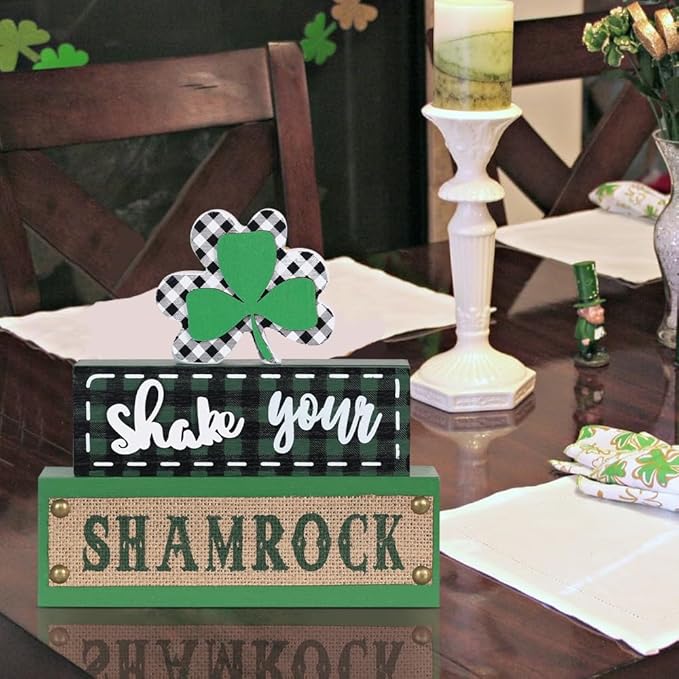 St Patricks Day Decorations, MEETYAMOR 3-Layered Shamrock Wood Block St Patricks Day Decor, Shamrock Ornaments Shake Your SHAMROCK Sign Saint Patricks Day Decorations for the Home, Table, Mantel