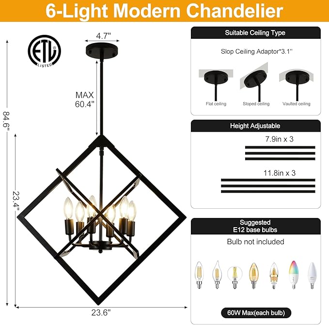 24" Modern Pendant Lights Kitchen Island, 6-Light Matte Black Farmhouse Pendant Light Fixtures, Industrial Hanging Pendant Lights Fixture for Kitchen Island Dining Room Bedroom Hallway Foyer Entryway