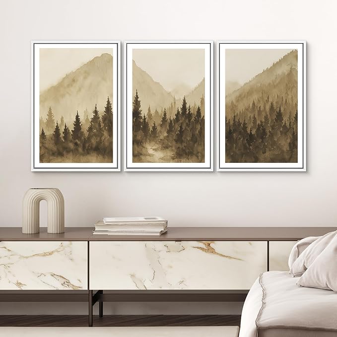 SIGNWIN Framed Canvas Print Wall Art Set Misty Mountain Pine Landscape Neutral Sepia Tone Nature Illustrations Modern Art Decorative Chic Calm for Living Room, Bedroom, Office - 24"x36"x3 White