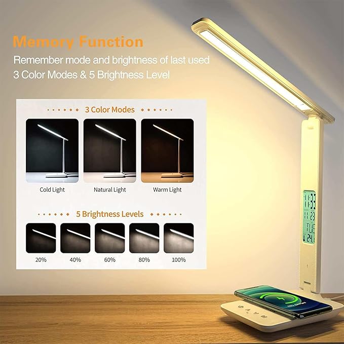 Multi Functional Table Lamp T26 Black,Features a Clock, Calendar, Temp Display, Alarm, Wireless Fast Charging, and Adjustable Brightness.