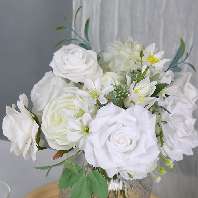 White Artificial Flowers Box Set Wedding Silk Fake Flowers for DIY Bouquets Table Centerpieces Garland Wreaths Baby Shower Party