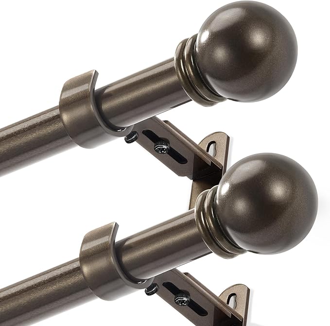 Curtain Rods for Windows 16 to 92 Inches, Curtain Rod Max Adjustable Length of 104 IN, 1" Diameter Drapery Rods Round Finials, Brown, Pack of 2