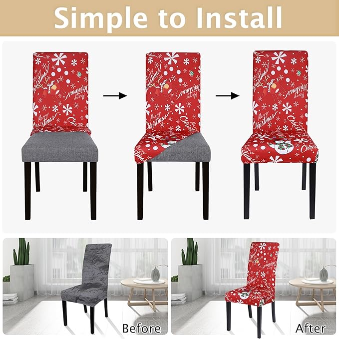 SearchI Christmas Chair Covers Set of 4, Stretch Xmas Kitchen Chair Cover Removable Washable Holiday Parsons Chair Slipcovers for Dining Room, Christmas Decoration, Ceremony(Snowman+Snowflake)