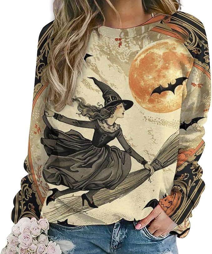 Halloween Sweatshirts for Women Funny and Spooky Print Crewneck Oversized Pullover Outdoor Lounge Fashion Sweater