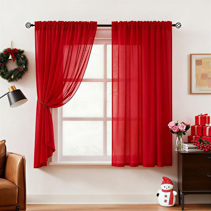 HOMEIDEAS Christmas Non-See-Through Red Privacy Semi Sheer Curtains 54 Inches Long 2 Panels Set Light Filtering Curtains for Living Room Bedroom Drapes,W52xL54