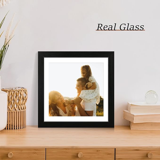 iRahmen 12x12 Picture Frame Set of 4 with Tempered Glass, Black Frame Display 10x10 Picture with Mat or 12 x 12 Without Mat, Wood Square Photo Frames for Desktop Display and Wall Mounting