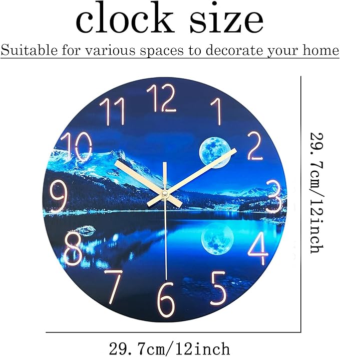 Blue Wall Clock for Bedroom 12 Inch Natural Landscape Round Analog Clock Battery Operated Moon Wall Clock Non Ticking