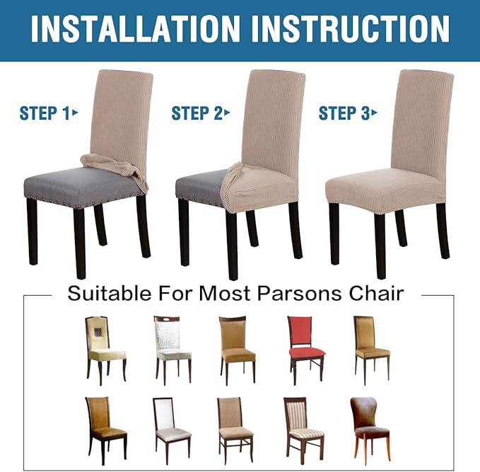 H.VERSAILTEX Stretch Dining Chair Covers Set of 6 Chair Covers for Dining Room Parsons Chair Slipcover Chair Protectors Covers Dining, Feature Textured Checked Jacquard Fabric, Sand
