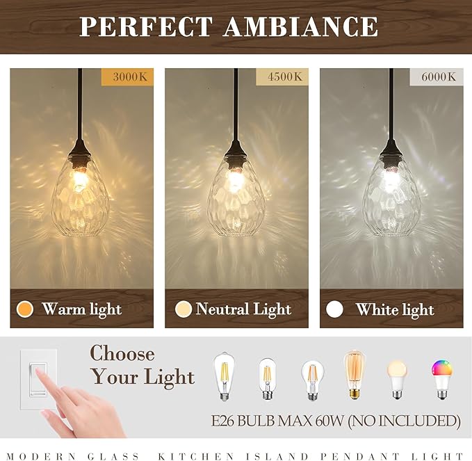 Black Pendant Lights Kitchen Island 2 Pack, Modern Glass Pendant Light Fixtures with Hammered Glass and Rods, Adjustable Small Hanging Light for Kitchen Sink Dining Room Bathroom