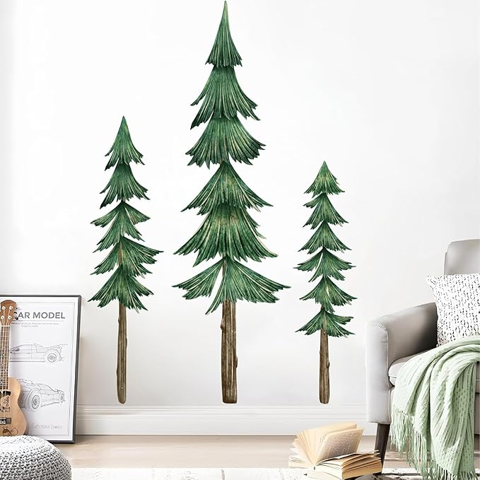 Large Pine Tree Wall Decal Giant Green Tree Wall Stickers Removable Large Forest Decals Peel and Stick Evergreen Trees Decal Woodland Trees Sticker for Living Room Bedroom Home Decor