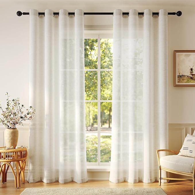 Anmao Flax Linen Curtains for Living Room 63 Inch Length 2 Panels Set, Light Filtering Sheer Window Curtain Drapes for Bedroom with Nickel Grommet, 52 Inch Wide Each Panel, Ivory Color