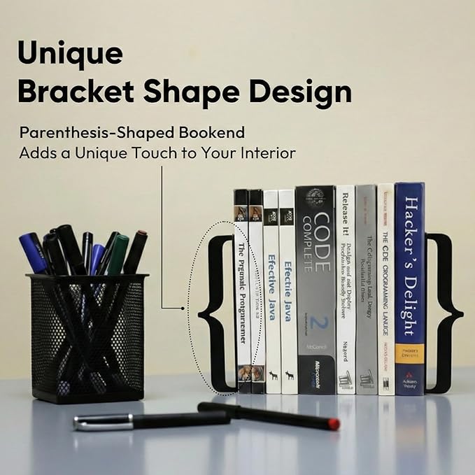 Decorative Bookends for Shelves - Modern Bracket Shaped Metal Book Ends for Home Office Decor, Unique Minimalist Desk Accessories & Gift (White)