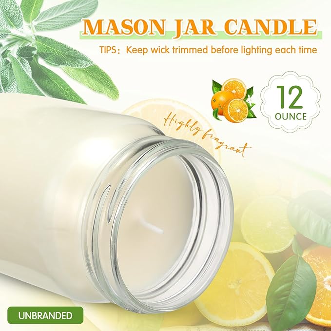 MTLEE 4 Pack 12 oz Mason Jar Soy Candle with Essential Oils Scented Soy Wax Candles for Home Valentine Christmas Wedding Birthday Gift Farmhouse Collection Baby Shower Party(Sage Mixed with Citrus)