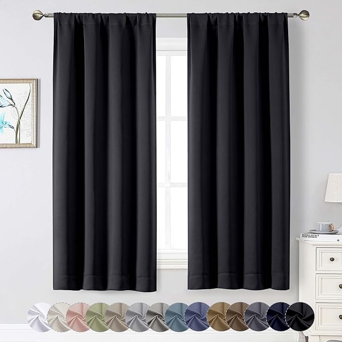 Black Blackout Curtains for Bedroom Living Room 63 Inch Length 2 Panels Set, Soft Solid Room Darkening Thermal Insulated Window Treatments, Rod Pocket Dining Room Curtains, Black, 40"Wx63"L