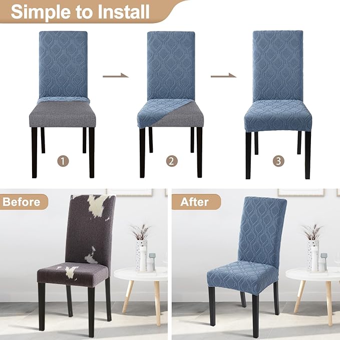 SearchI Dining Room Chair Covers Set of 6, Stretch Jacquard Parsons Chair Slipcovers Spandex Removable Washable Kitchen Chair Protector Cover for Dining Room, Hotel, Ceremony (Gray-Blue Geometric)