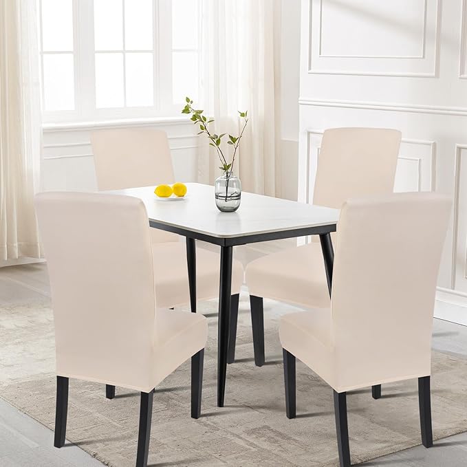 SearchI Dining Room Chair Covers Set of 6, Stretch Parsons Chair Slipcovers Super Fit Spandex Removable Washable Kitchen Chair Protector Cover for Dining Room, Hotel, Ceremony (Beige-Yellow)
