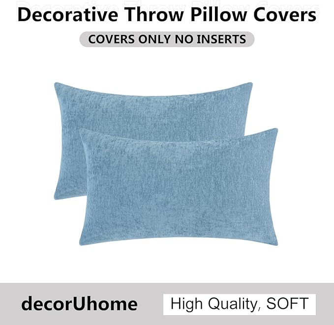 decorUhome Chenille Grey Blue Throw Pillow Covers 12x20 Inch Set of 2, Decorative Soft Couch Pillow Covers Solid Dyed Accent Farmhouse Neutral Rectangle Pillow Cases for Sofa Bed Living Room