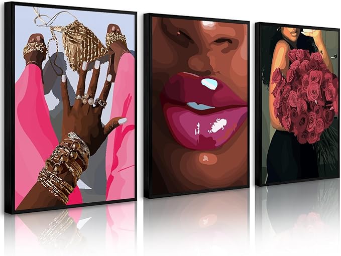 Black Girl Wall Art African Woman Canvas Wall Decor Pink Black Women People Art Fashion Poster African American Girl Pictures Abstract Flower Painting for Bedroom Living Room 12x16x3 Inch Unframed