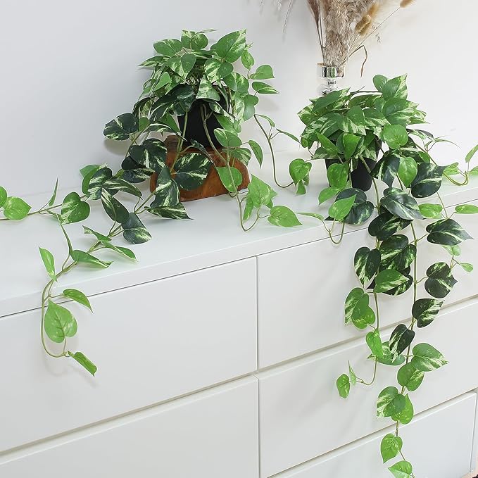 alyptus Fake Pothos Hanging Plants - 33" Set of 2 Artificial Silk Ivy Vines with Pots, Realistic Faux Greenery for Indoor Home Decor, Low Maintenance Hanging Plant Decoration (Golden Green)
