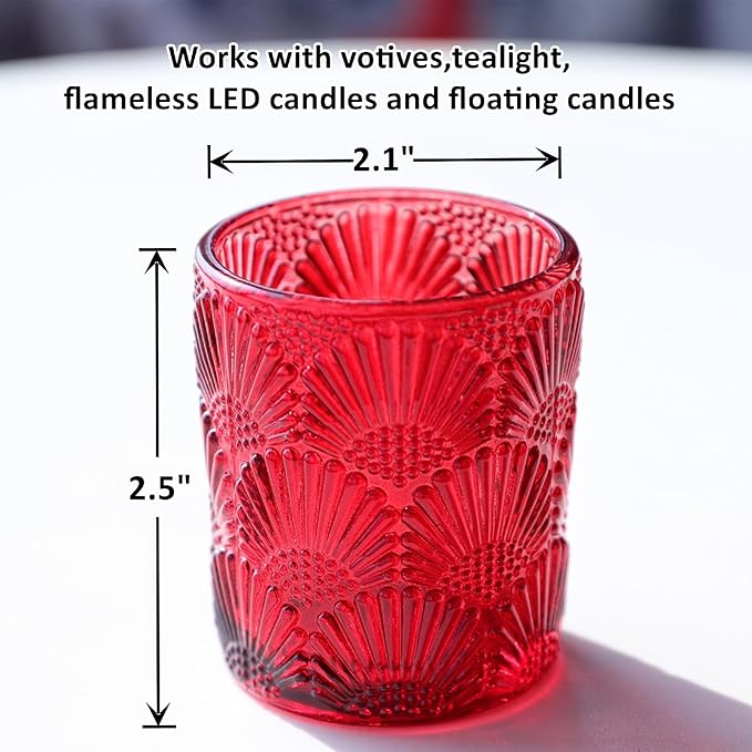 Woho Red Votive Candle Holders Set of 24 Boho Style, Ginkgo Leaves Pattern Tealight Candle Holder for Wedding Table Decor, Vintage Glass Tea Lights Candle Holder for Christmas/Vantines Day Decorations