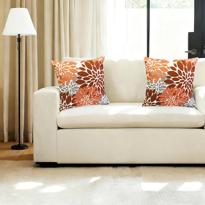 Decorative Throw Pillow Covers Set of 2 Brown Coffee Pillow Covers 18x18 Inch Couch Pillow Covers for Sofa Living Room Outdoor Throw Pillow Cover Linen Floral Flower Farmhouse Pillowcase