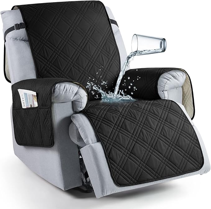 TAOCOCO 100% Waterproof Recliner Chair Covers, Non Slip Recliner Covers for Recliner Chair with Pocket, Washable Reclining Chair Cover Furniture Protector for Kids,Dogs(25'', Black)