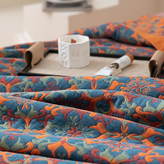 100% Cotton Muslin Blanket Jacquard Bohomian Mandala Floral Print Quilt, Soft Bed Cover Reversible Bedspread Coverlet Breathable Lightweight Bedding Full/Queen(78"x94"), No Pillow Sham