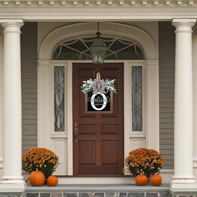 Ultra Large 14'' Last Name All Year Round Front Door Wreath with 26 Initial Letter Welcome Sign All Seasons Eucalyptus Garland and Bow Wreaths for Front Door Porch Farmhouse Decoration (O)