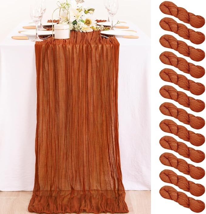MLMC 12 Pack Terracotta Cheesecloth Table Runner 10ft Rustic Burnt Orange Table Runner for Outdoor Picnic Gatherings Party Events Thanksgiving Decor