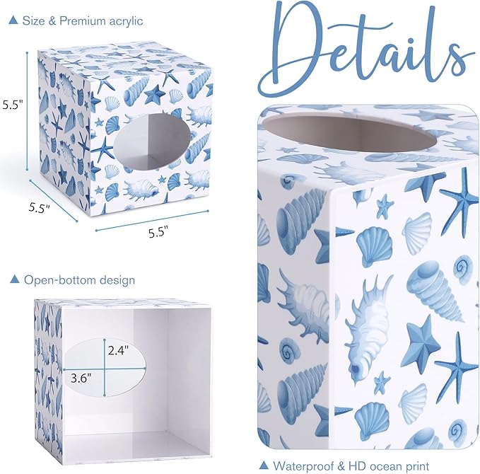 SOMTO Acrylic Square Tissue Box Cover,Beach White Starfish Seashell Coastal Decorative Tissue Holder Dispenser Bathrooms, Desks, Countertops, Vanities, Bedrooms, and Nightstands Decor