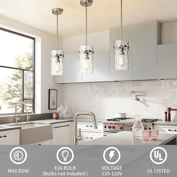 Brush Nickel Hammered Hand Blown Glass Pendant Light Fixtures, Pendant Lights Kitchen Island Modern Kitchen Island Light Dining Room Light Farmhouse Island Lights Sink 2 Pack