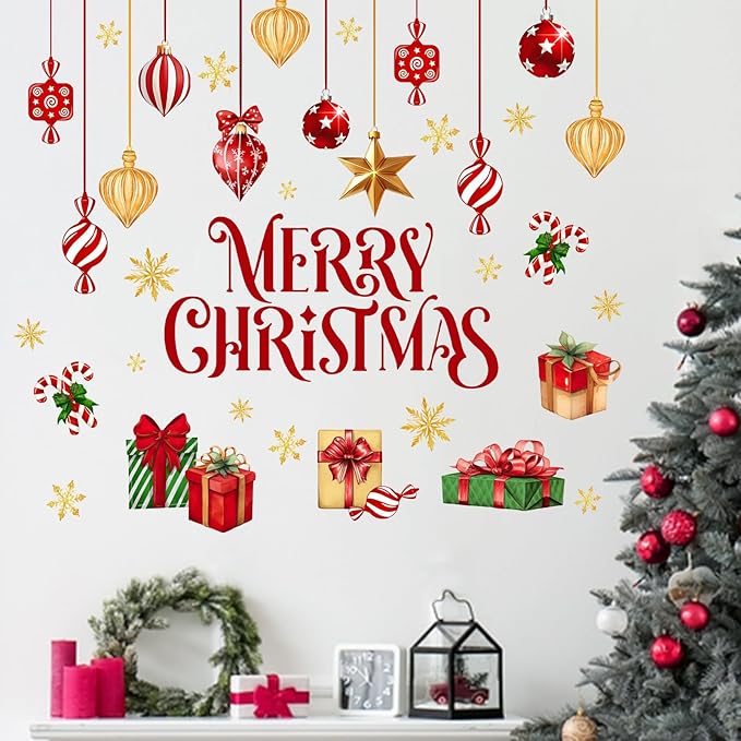 Mfault Merry Christmas Balls Wall Decals Stickers, Xmas Gifts Gold Snowflake Decorations Bedroom Art, Winter Holiday Peppermint Candy Cane Home Kitchen Decor