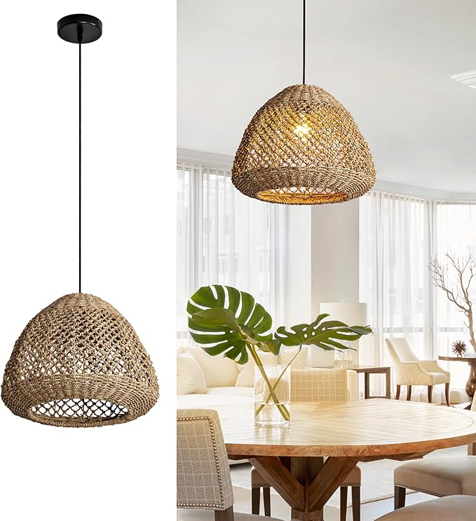 Rattan Pendant Light,15" Rustic Hand-Woven Boho Wicker Hanging Light Water Plants Rattan Chandelier for Kitchen Farmhouse Dining Living Bedroom Gazebo
