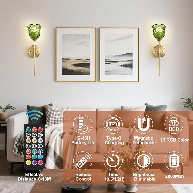 2 Pack Vintage Battery Operated Wall Sconce with Green Glass Lampshade, Wireless Rechargeable Battery Powered RGB Wall Light with Remote Control, for Bedside Bedroom Doorway