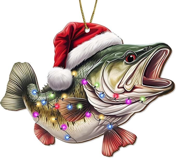 Largemouth Bass Fish Christmas Tree Keepsake Ornaments, Fishing Themed 2 Side Printed Flat Wooden Ornament, Animal Xmas Hanging Decor