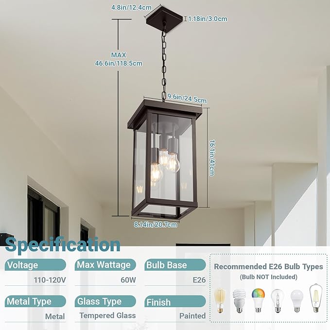 LOUSACE 16'' Large Outdoor Pendant Light 3-Lights Oil Rubbed Bronze Outdoor Chandelier Exterior Hanging Porch Light Fixtures Adjustable Ceiling Mount Outside Pendant Lantern for Entryway Front Door