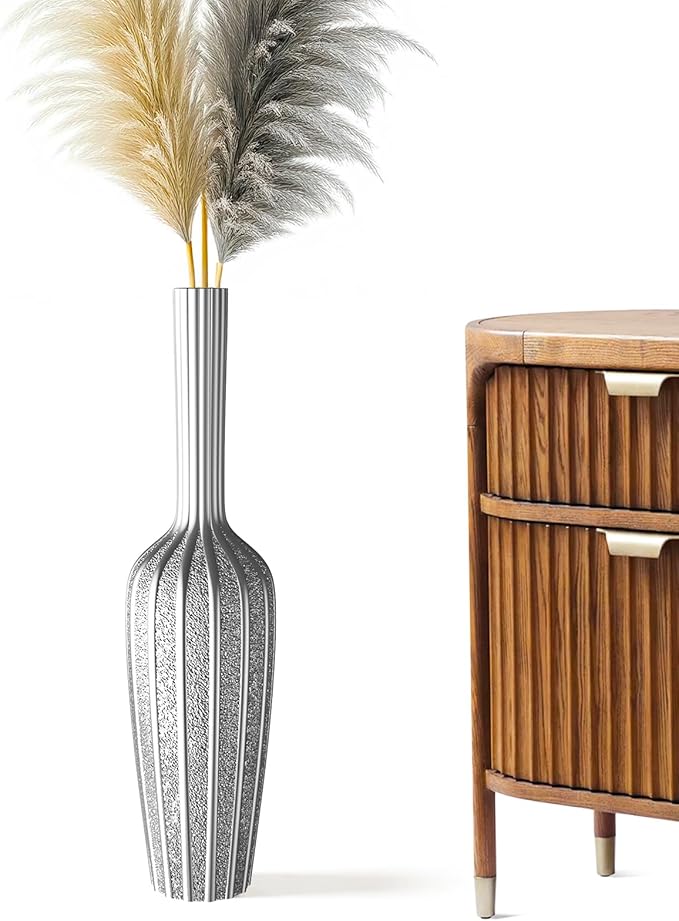 Elegant Silver Floor Vase - 23.62 Inch Tall Decorative Vase for Dried Flowers & Home Décor, Resin Tall Floor Vase, Silver Vases