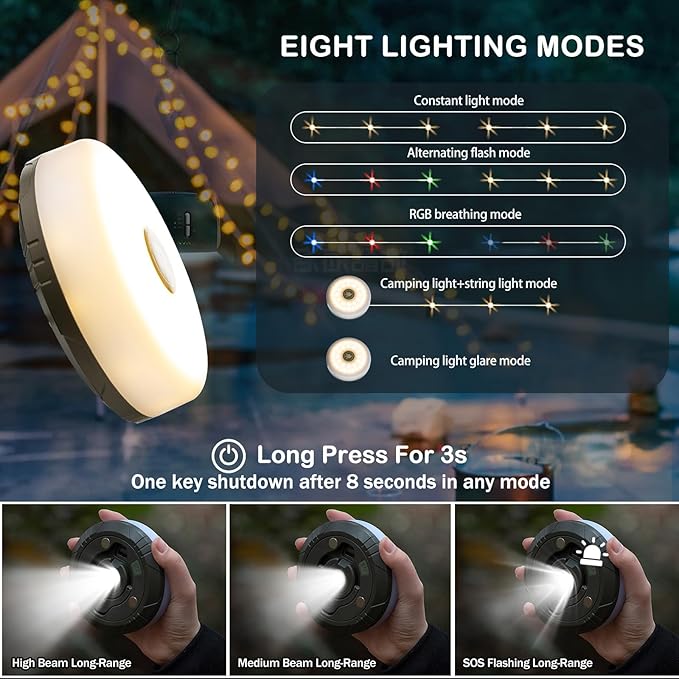 Camping String Lights, 4 in 1 Outdoor Camping Lantern with 8 Lighting Modes(32.8Ft), Quick 30s Recovery, Waterproof, Type-C Fast Charging, Portable Lights for Camping/Yard/Hiking