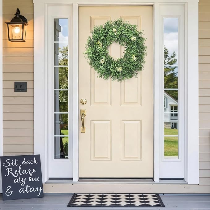 Weldomcor Green Boxwood Wreaths for Front Door 22 Inch, Spring Summer Artificial Greenery Wreath with Berries Outside All Season Farmhouse Decoration for Outdoor Indoor Home Porch Window Wedding Decor