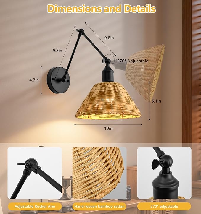 Battery Operated Wall Sconce, Rattan Wall Sconces Battery Operated Set of 2, Bohemian Wireless Battery Wall Sconce with Remote Control for Bedroom, Farmhouse, Gallery