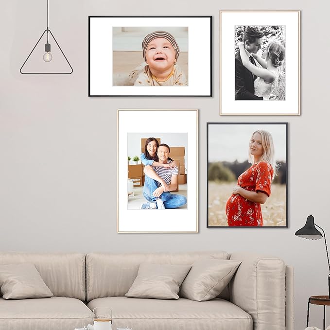8.5x11 Picture Frame Set of 3, Brass Modern Thin Aluminum Metal Photo Frame with HD Glass, Fits 5x7 with Mat or 8.5 x 11 without Mat, for Tabletop and Wall Mounting
