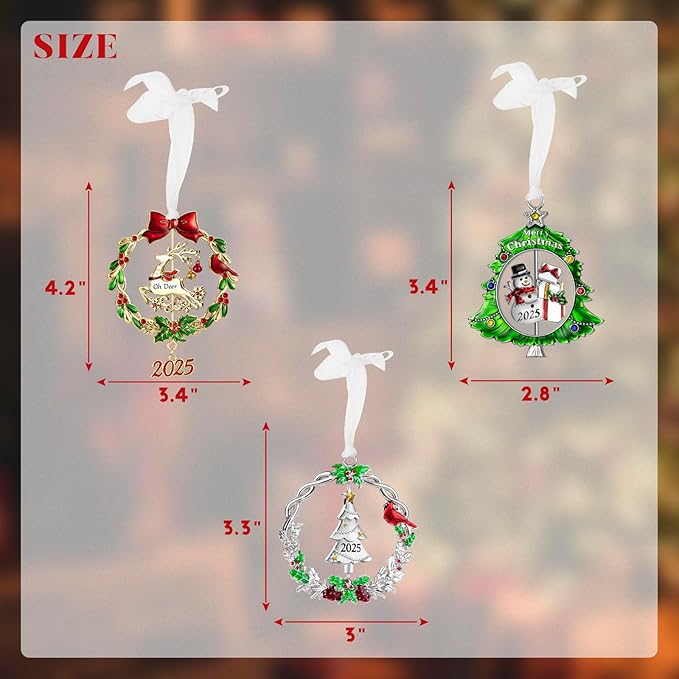 Christmas Tree Ornament Metal Silver Hanging Rotatable Design Charm Holiday Decorative Pendant Gift Keepsake (2025, 3 Piece Set)
