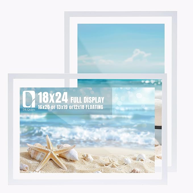 DLQuarts 18x24 Floating Picture Frame for 16x20/13x19/12x18/11x14 Photos, 2-Pack Solid Wood Double Plexiglass Wall Art Frames, Any Size Photo up to 18x24 Display, White