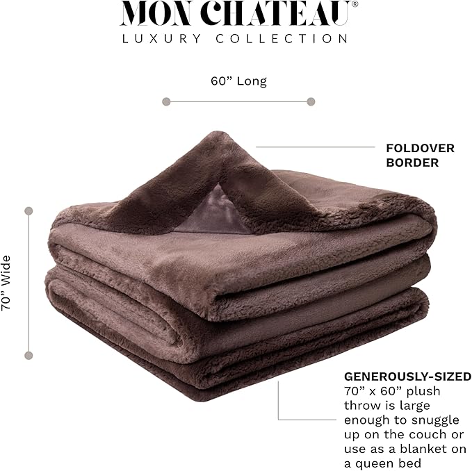 Mon Chateau 60" x 70" Hearthside Faux Fur Throw Blanket, Reversible Soft Blanket for Queen-Size Bed, Couch, or Sofa, Cozy Home Decor and Stylish Living Room Comfort, Winter Cream (Chestnut)