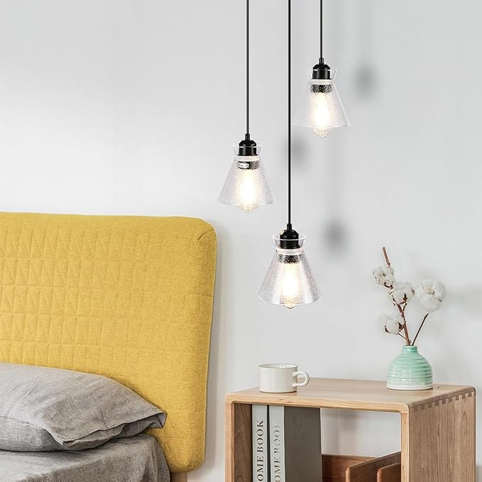 Industrial Hanging Pendant Lighting for Kitchen Island Black Brushed Glass 3-Light Linear Chandelier for Dinning Room Entryway Bedrooms Farmhouse