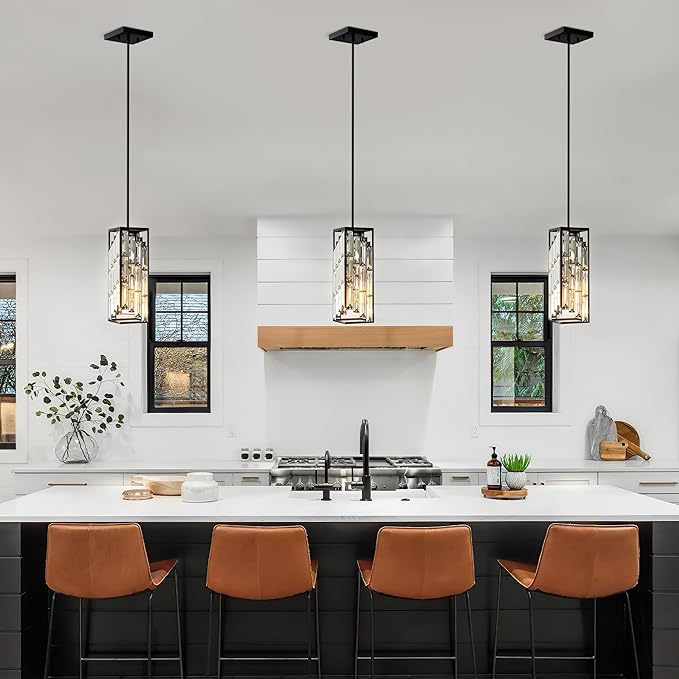 Black Pendant Lights Kitchen Island 1 Pack, Mini Crystal Chandeliers, Modern Pendant Lights Ceiling Lighting Fixtures for Kitchen Island, Dinning Room, Bedroom
