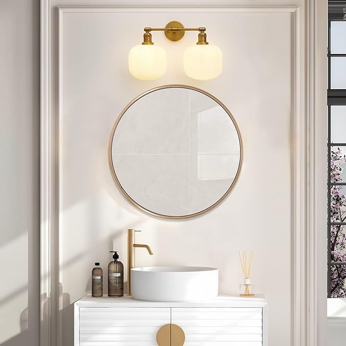 Pathson 2 Lights Milk White Globe Wall Sconce, Hardwired Antique Double Sconce for Living Room Home Decor, Striped Glass Bathroom Vanity Light, E26 Bulb Base